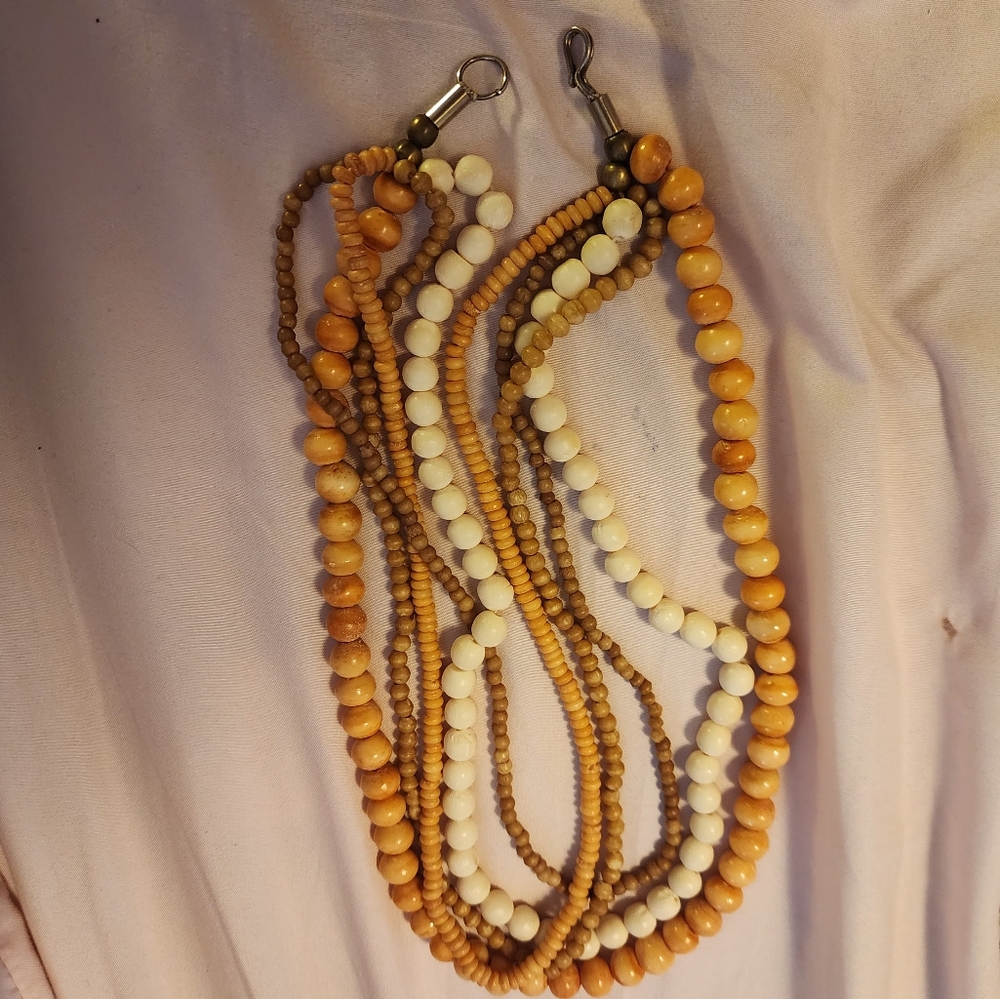Vtg 5 Strand 18" Ethnic Statement Shell Amber Tugu Nut Coral Bone Necklace